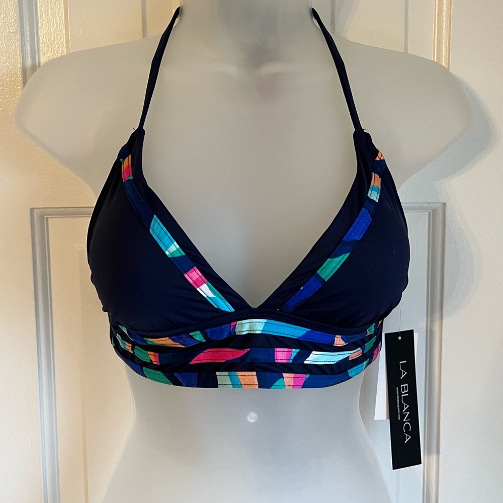 La Blanca Navy Blue Indigo Painted Leaves Banded Halter Triangle Top Size 4 NWT